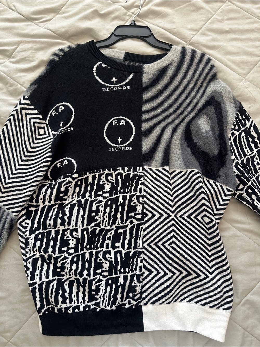 FA Black & Gray Graphic Patchwork Crewneck Sweater